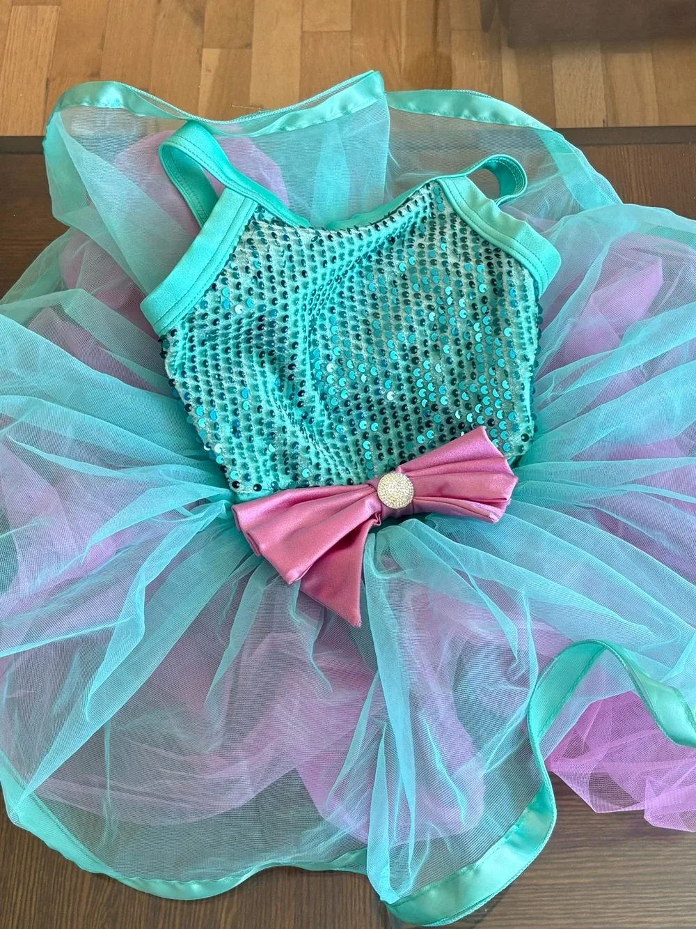 Weissman Teal Sequin Tulle Tutu with Pink Bow size XSC